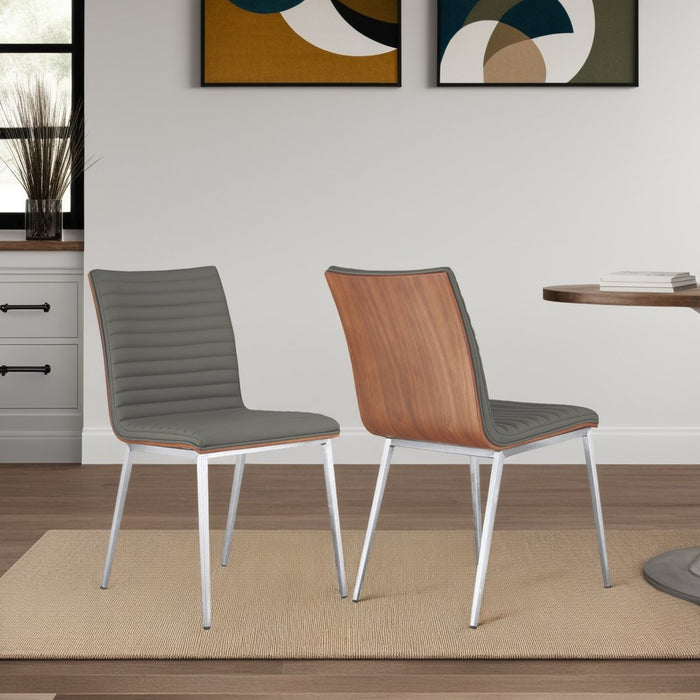 Café Brushed Stainless Steel Dining Chair in Gray Faux Leather with Walnut Back - Set of 2