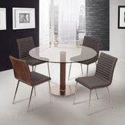 Café Brushed Stainless Steel Dining Chair in Gray Faux Leather with Walnut Back - Set of 2 - Furniture City (CA)l