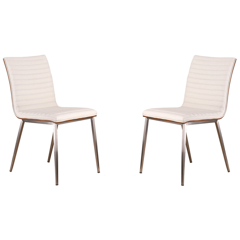 Café Brushed Stainless Steel Dining Chair in White Faux Leather with Walnut Back - Set of 2 - Furniture City (CA)l