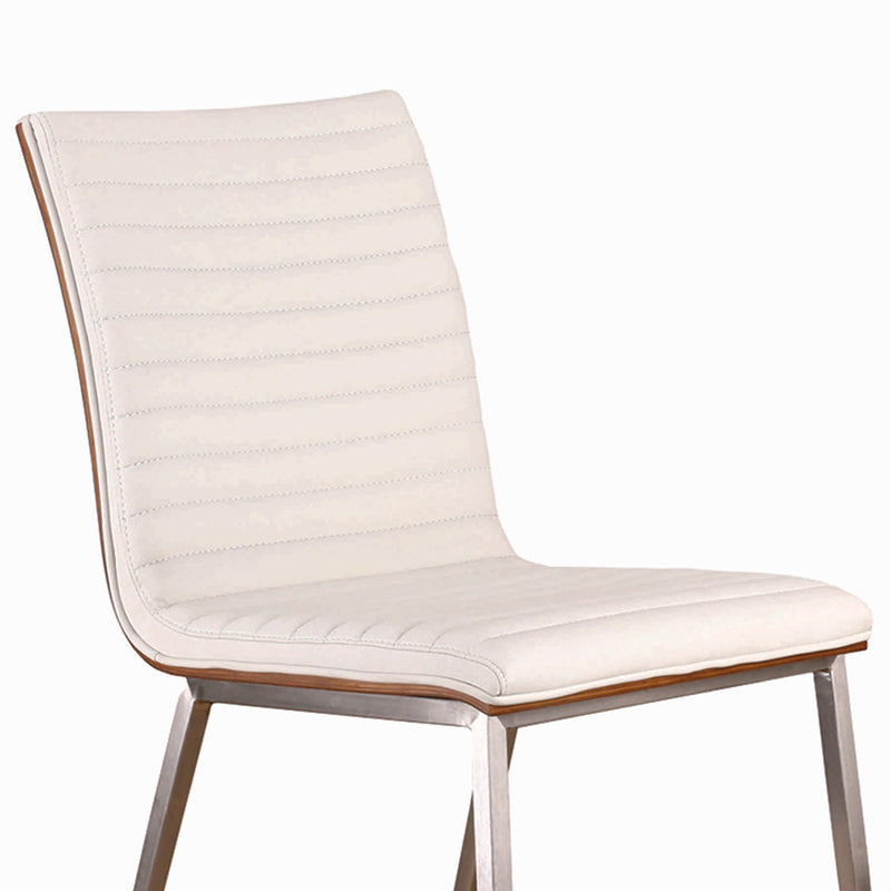 Café Brushed Stainless Steel Dining Chair in White Faux Leather with Walnut Back - Set of 2 - Furniture City (CA)l