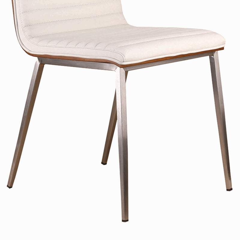 Café Brushed Stainless Steel Dining Chair in White Faux Leather with Walnut Back - Set of 2 - Furniture City (CA)l