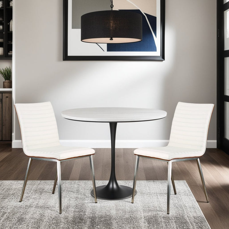 Café Brushed Stainless Steel Dining Chair in White Faux Leather with Walnut Back - Set of 2 - Furniture City (CA)l