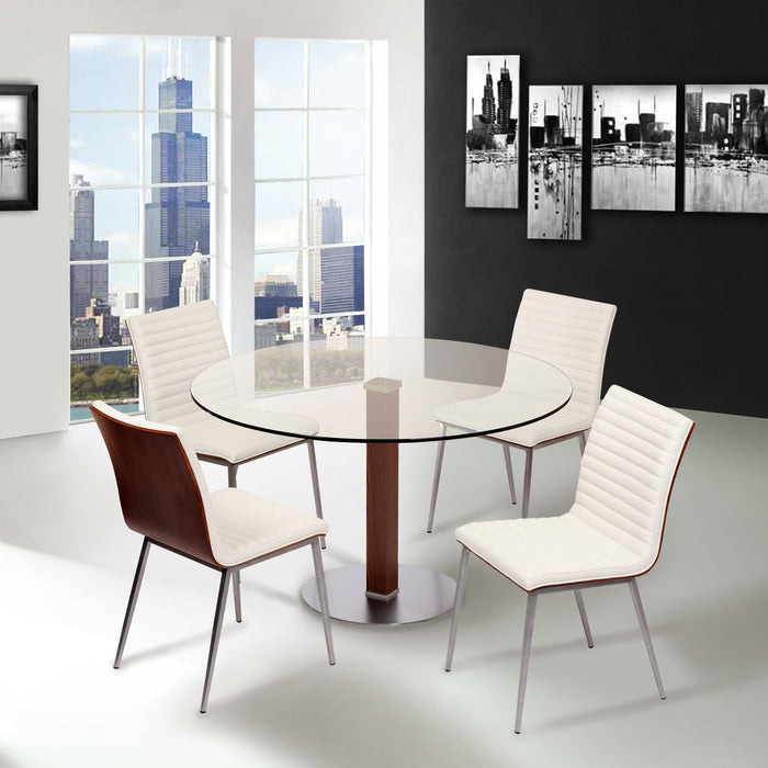 Café Brushed Stainless Steel Dining Chair in White Faux Leather with Walnut Back - Set of 2