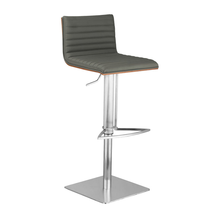 Café Adjustable Height Swivel Gray Faux Leather and Walnut Wood Bar Stool with Brushed Stainless Steel Base