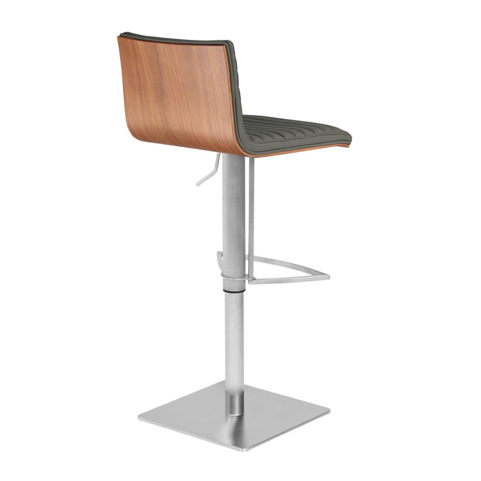 Café Adjustable Height Swivel Gray Faux Leather and Walnut Wood Bar Stool with Brushed Stainless Steel Base