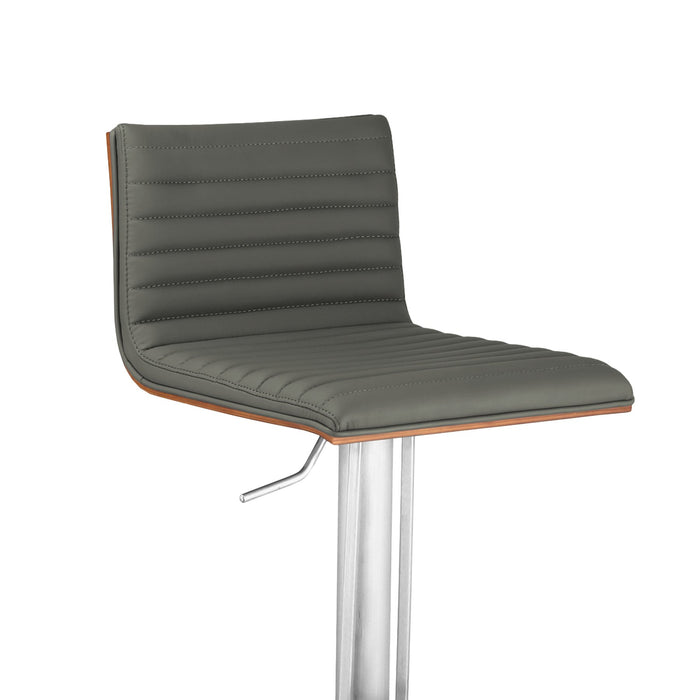 Café Adjustable Height Swivel Gray Faux Leather and Walnut Wood Bar Stool with Brushed Stainless Steel Base