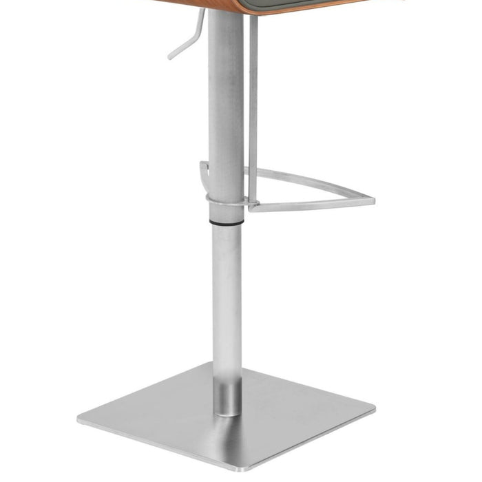 Café Adjustable Height Swivel Gray Faux Leather and Walnut Wood Bar Stool with Brushed Stainless Steel Base