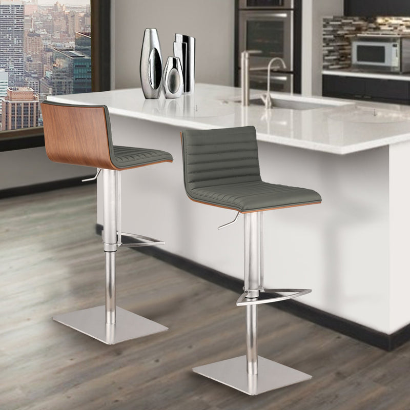 Café Adjustable Height Swivel Gray Faux Leather and Walnut Wood Bar Stool with Brushed Stainless Steel Base - Furniture City (CA)l