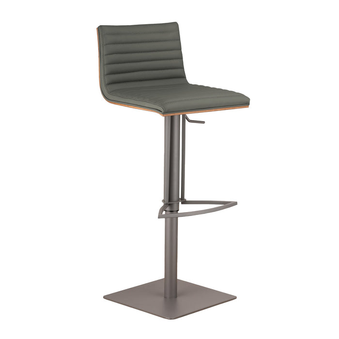 Café Adjustable Height Swivel Gray Faux Leather and Walnut Wood Bar Stool with Gray Metal Base