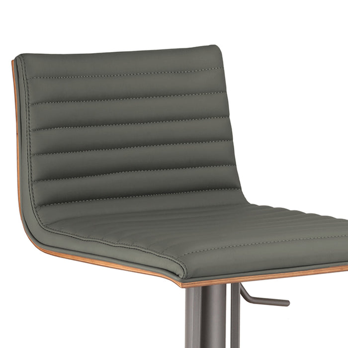 Café Adjustable Height Swivel Gray Faux Leather and Walnut Wood Bar Stool with Gray Metal Base