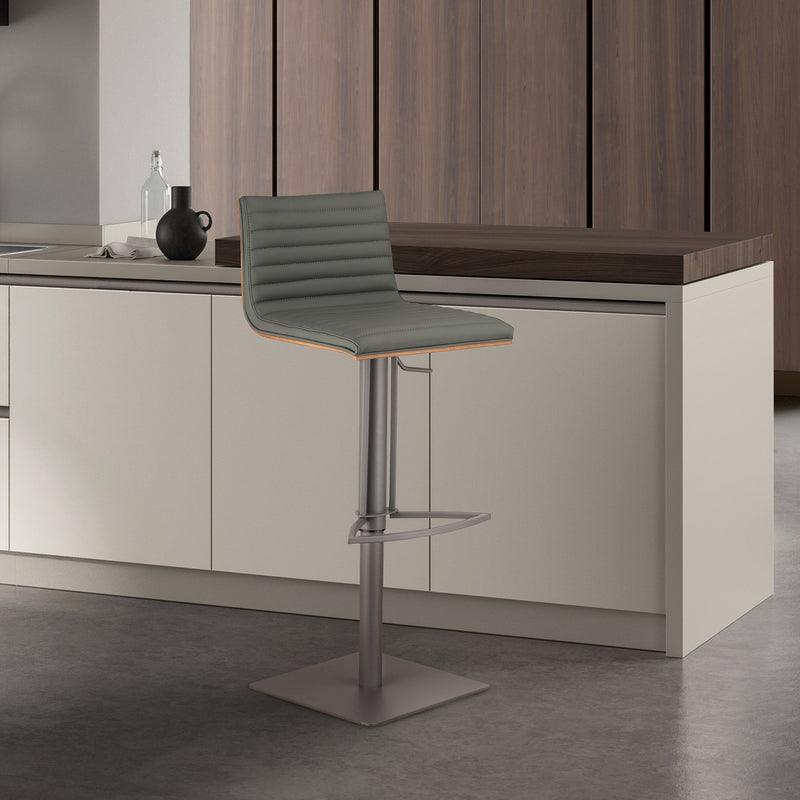 Café Adjustable Height Swivel Gray Faux Leather and Walnut Wood Bar Stool with Gray Metal Base - Furniture City (CA)l