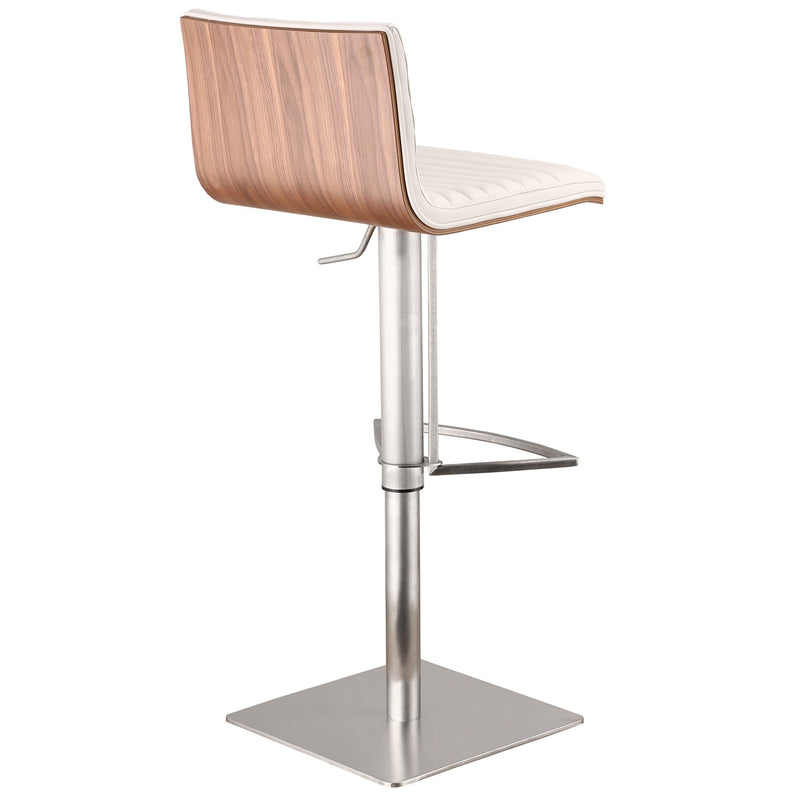Café Adjustable Height Swivel White Faux Leather and Walnut Bar Stool with Brushed Stainless Steel Base - Furniture City (CA)l