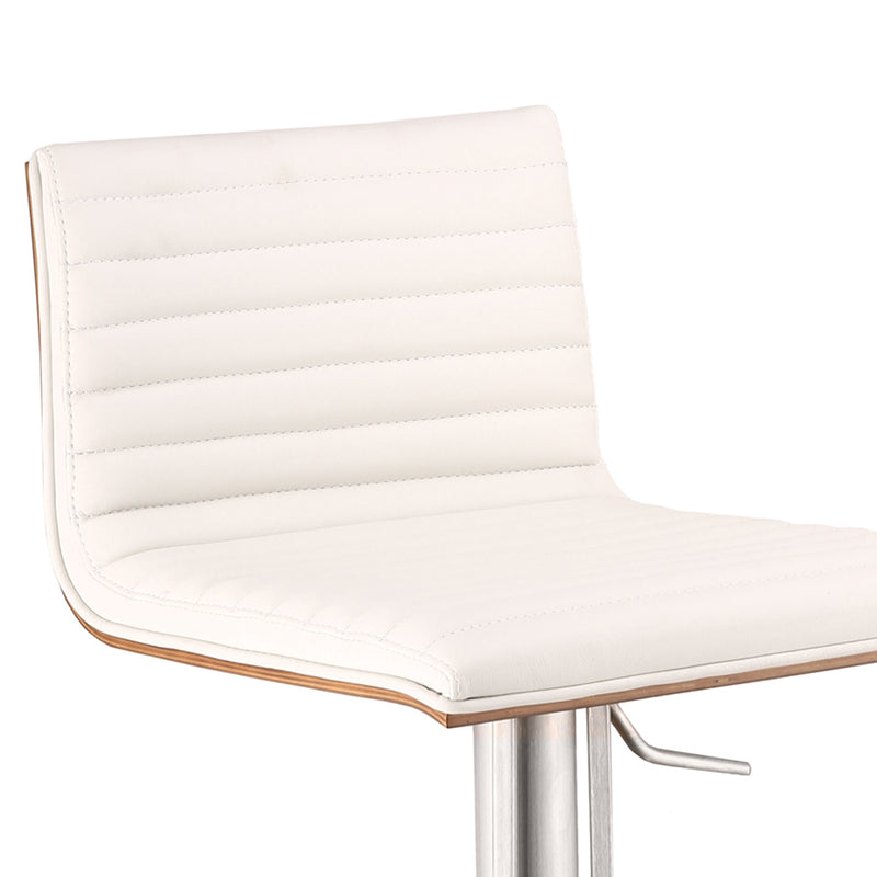 Café Adjustable Height Swivel White Faux Leather and Walnut Bar Stool with Brushed Stainless Steel Base - Furniture City (CA)l