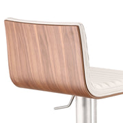 Café Adjustable Height Swivel White Faux Leather and Walnut Bar Stool with Brushed Stainless Steel Base - Furniture City (CA)l