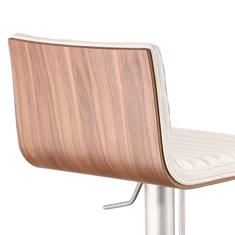 Café Adjustable Height Swivel White Faux Leather and Walnut Bar Stool with Brushed Stainless Steel Base - Furniture City (CA)l