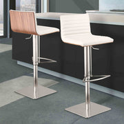 Café Adjustable Height Swivel White Faux Leather and Walnut Bar Stool with Brushed Stainless Steel Base - Furniture City (CA)l