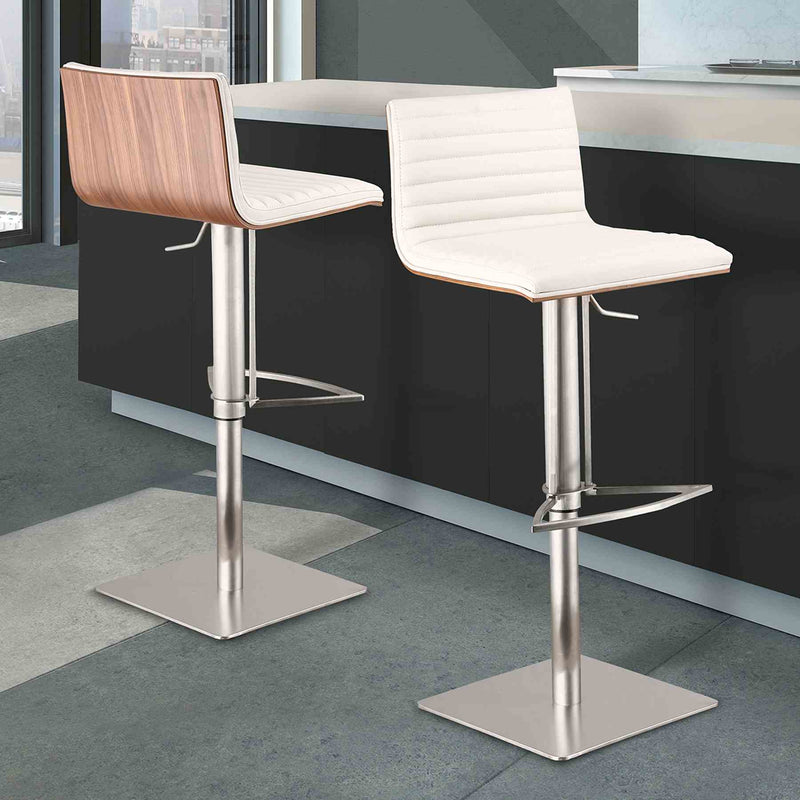 Café Adjustable Height Swivel White Faux Leather and Walnut Bar Stool with Brushed Stainless Steel Base - Furniture City (CA)l