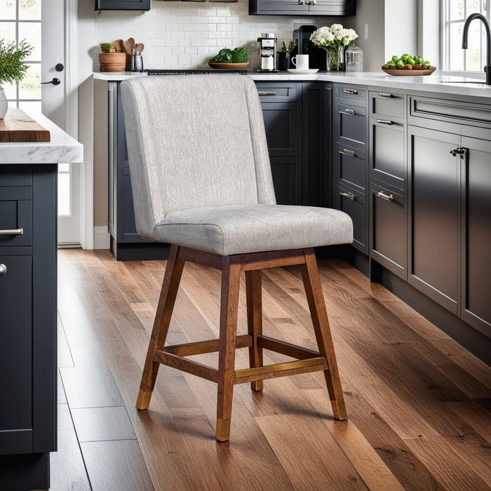 Constantine Swivel Counter Stool in Brown Oak Wood Finish with Beige Fabric