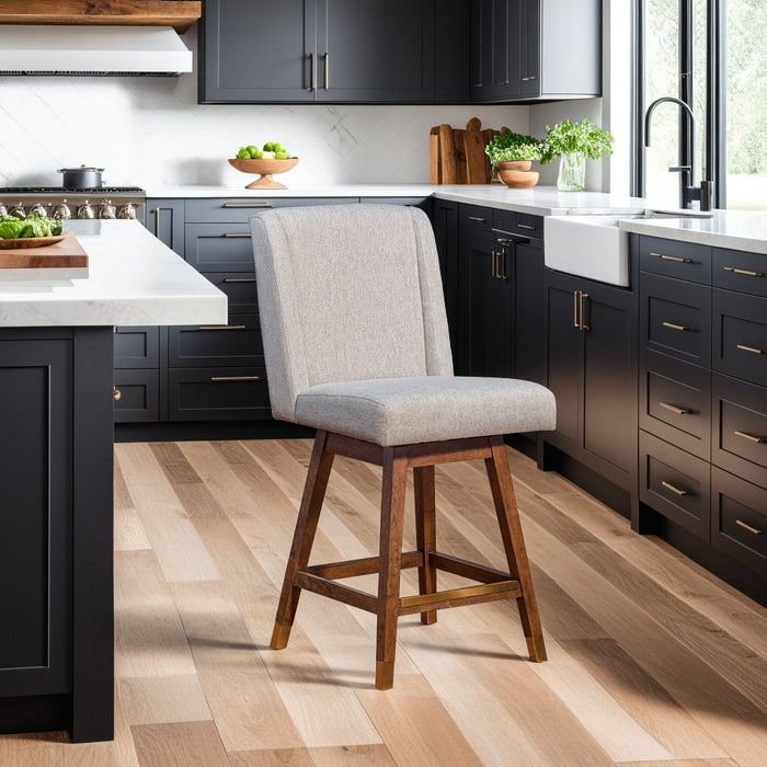 Constantine Swivel Counter Stool in Brown Oak Wood Finish with Taupe Fabric