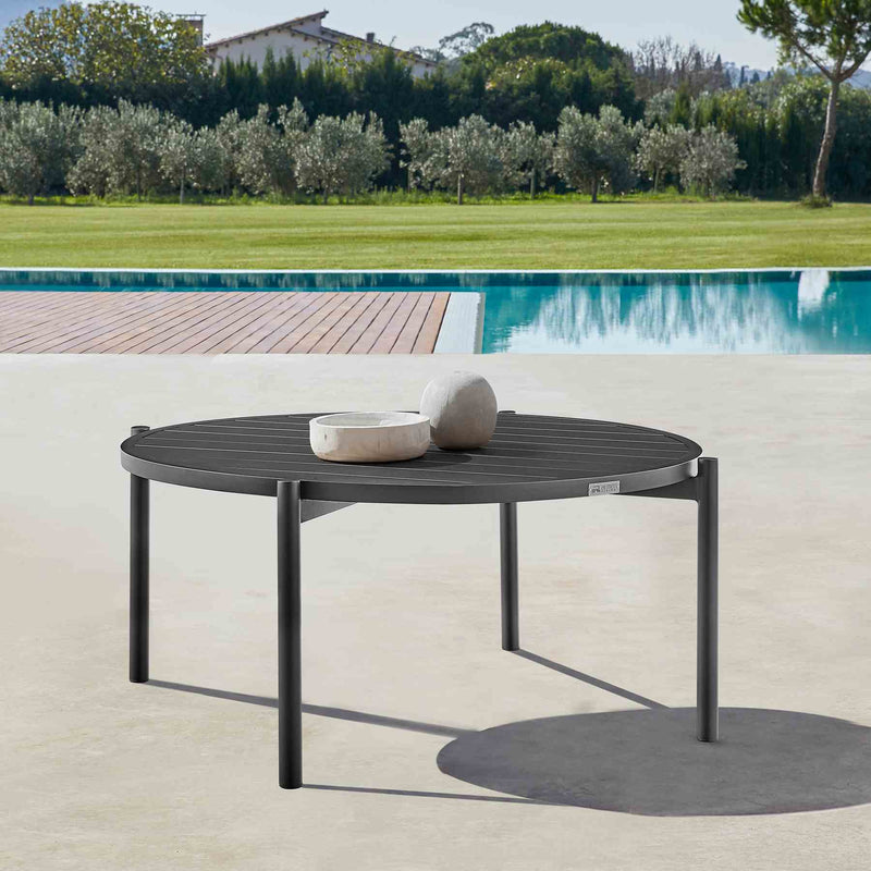 Clementine Outdoor Patio Round Coffee Table in Black Aluminum - Furniture City (CA)l