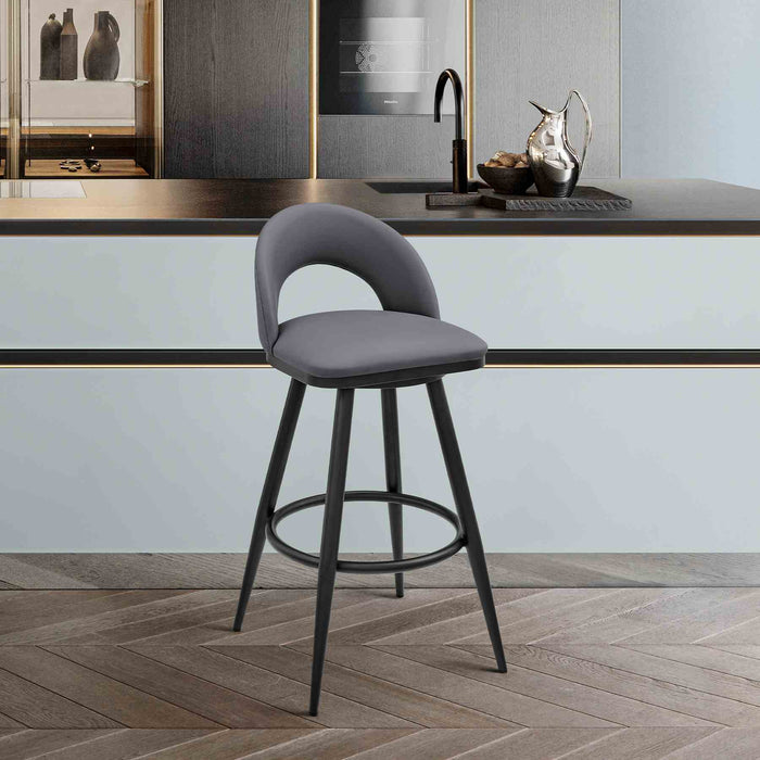 Charlotte Swivel Bar Stool in Black Metal with Gray Faux Leather