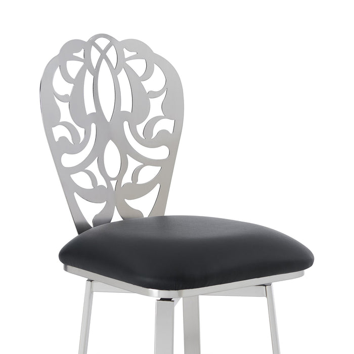 Cherie Contemporary 26" Counter Height Barstool in Brushed Stainless Steel Finish and Black Faux Leather