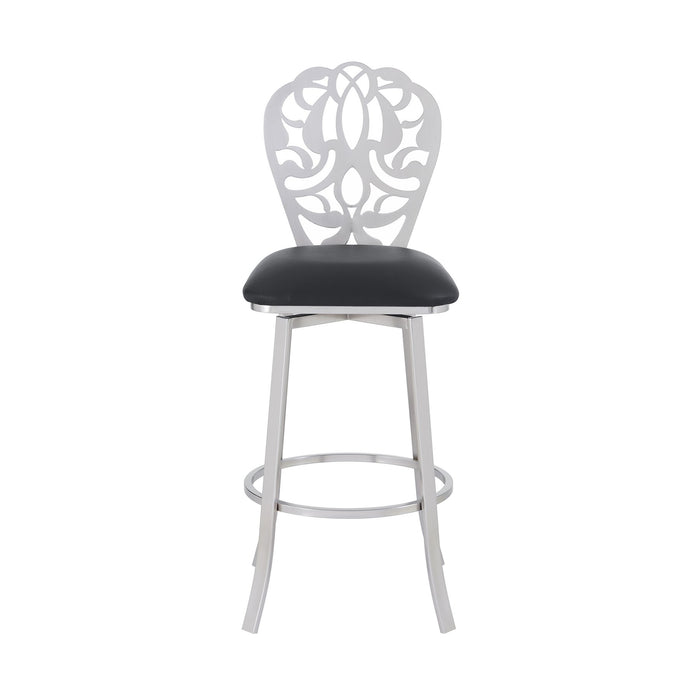 Cherie Contemporary 30" Bar Height Barstool in Brushed Stainless Steel Finish and Black Faux Leather
