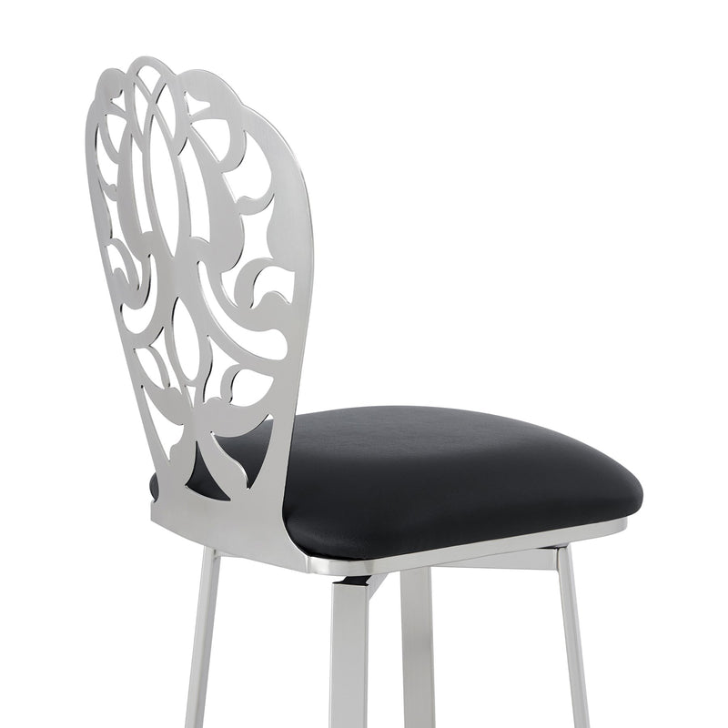 Cherie Contemporary 30" Bar Height Barstool in Brushed Stainless Steel Finish and Black Faux Leather - Furniture City (CA)l