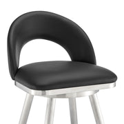 Charlotte 26" Swivel Counter Stool in Brushed Stainless Steel and Black Faux Leather - Furniture City (CA)l