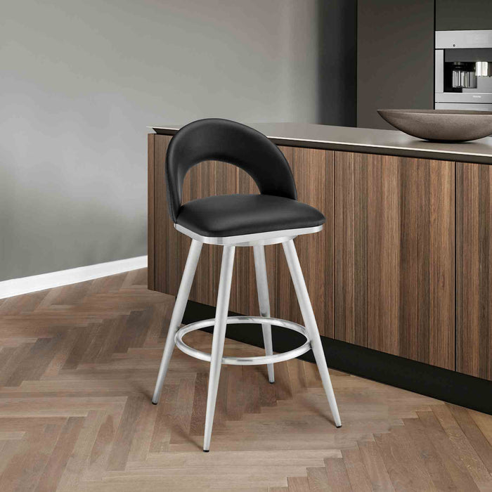 Charlotte 30" Swivel Bar Stool in Brushed Stainless Steel with Black Faux Leather