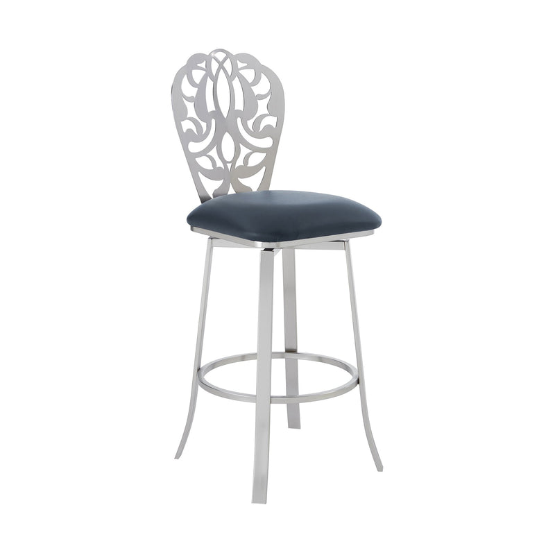 Cherie Contemporary 30" Bar Height Barstool in Brushed Stainless Steel Finish and Gray Faux Leather - Furniture City (CA)l