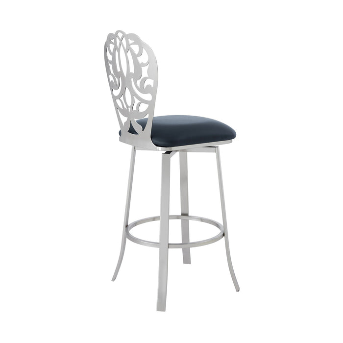 Cherie Contemporary 30" Bar Height Barstool in Brushed Stainless Steel Finish and Gray Faux Leather