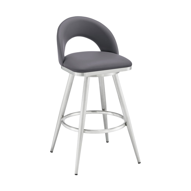 Charlotte 26" Swivel Counter Stool in Brushed Stainless Steel and Gray Faux Leather - Furniture City (CA)l