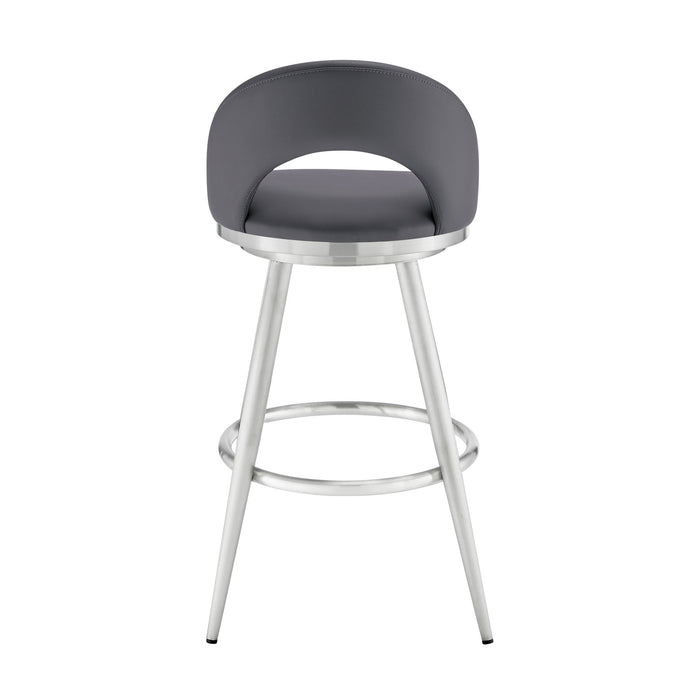 Charlotte 26" Swivel Counter Stool in Brushed Stainless Steel and Gray Faux Leather