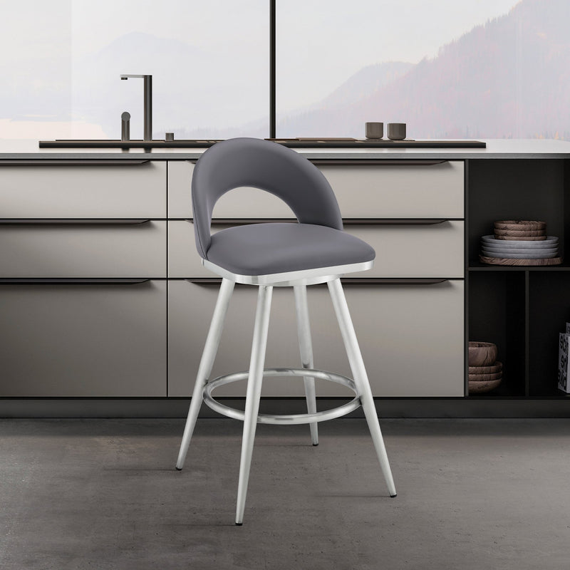 Charlotte 26" Swivel Counter Stool in Brushed Stainless Steel and Gray Faux Leather - Furniture City (CA)l