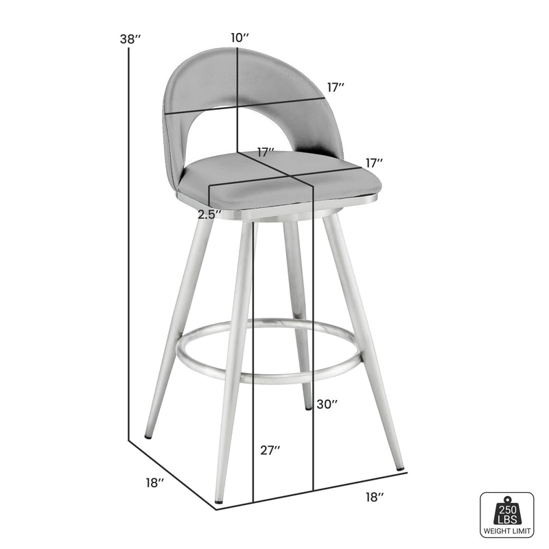 Charlotte 30" Swivel Bar Stool in Brushed Stainless Steel with Gray Faux Leather - Furniture City (CA)l