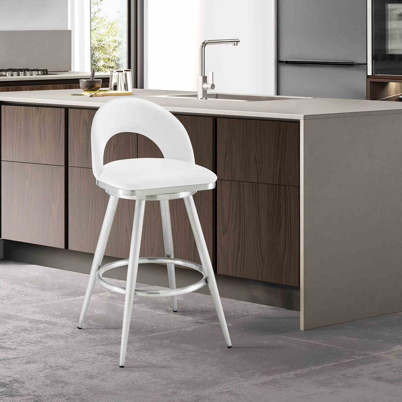 Charlotte 26" Swivel Counter Stool in Brushed Stainless Steel with White Faux Leather - Furniture City (CA)l