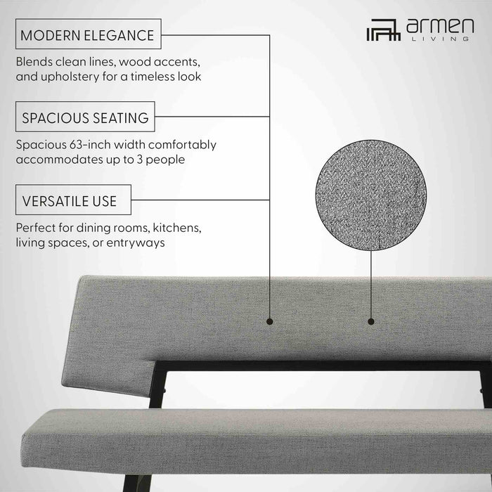 Channell Wood Dining Bench in Black Finish with Charcoal Fabric