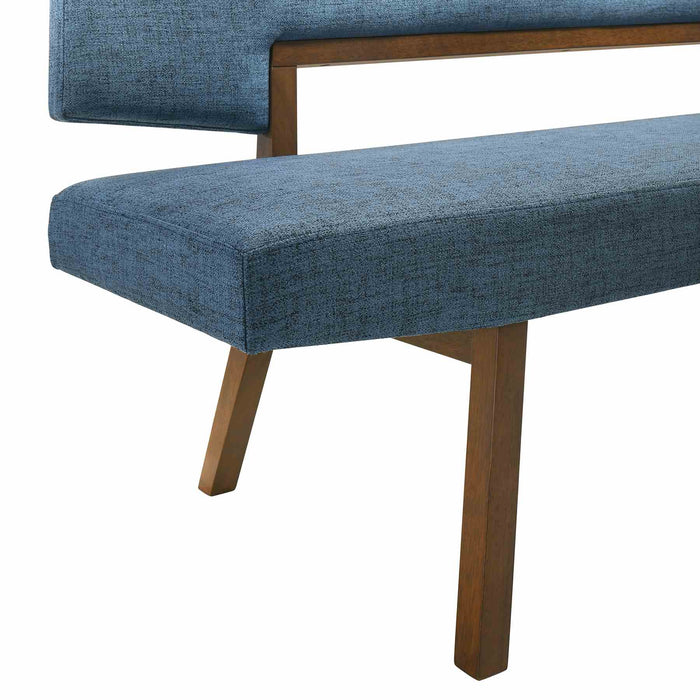 Channell Wood Dining Bench in Walnut Finish with Blue Fabric