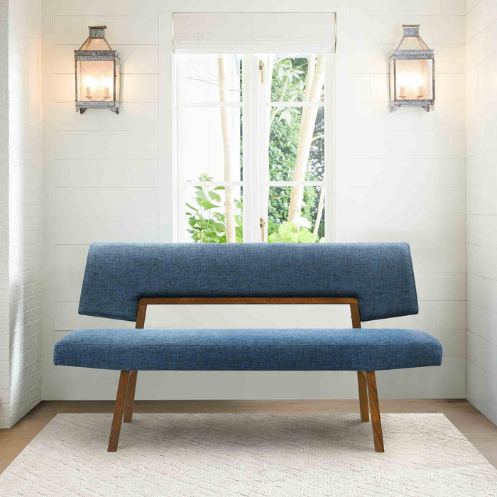 Channell Wood Dining Bench in Walnut Finish with Blue Fabric