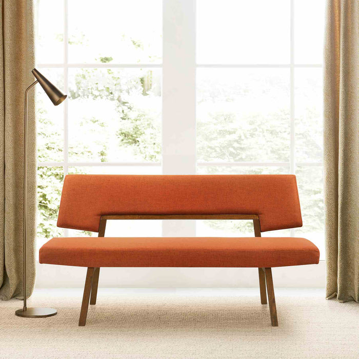Channell Wood Dining Bench in Walnut Finish with Orange Fabric