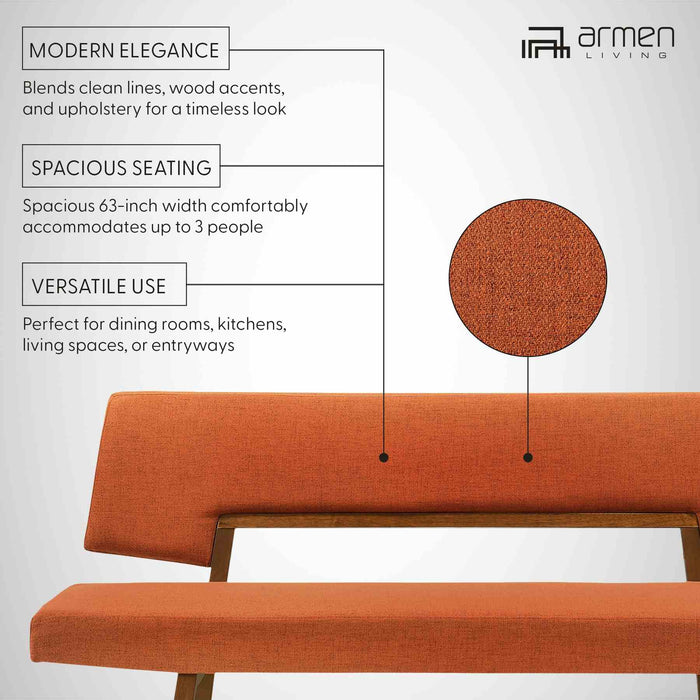 Channell Wood Dining Bench in Walnut Finish with Orange Fabric