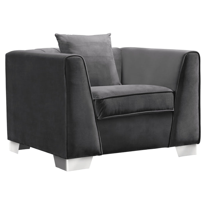 Cambridge Contemporary Sofa Chair in Brushed Stainless Steel and Dark Gray Velvet