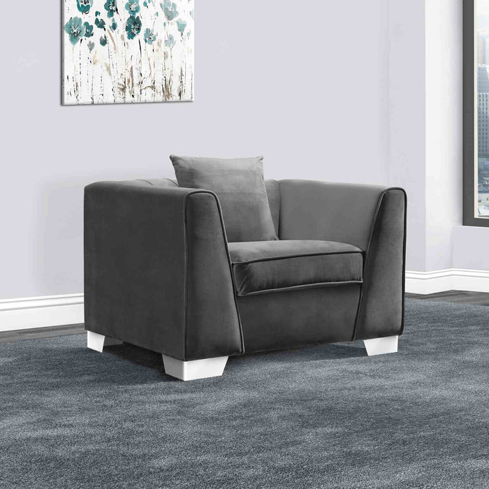 Cambridge Contemporary Sofa Chair in Brushed Stainless Steel and Dark Gray Velvet