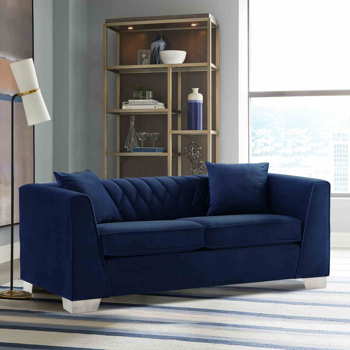 Cambridge Contemporary Loveseat in Brushed Stainless Steel and Blue Velvet
