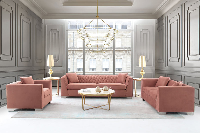 Cambridge Contemporary Loveseat in Brushed Stainless Steel and Blush Velvet - Furniture City (CA)l