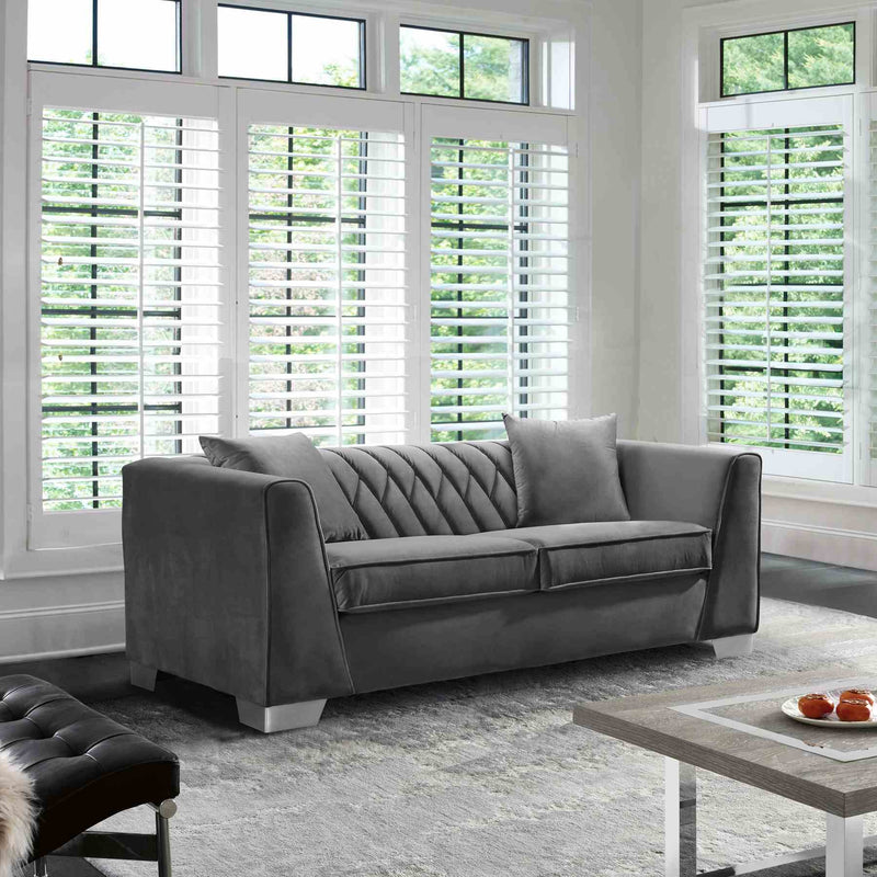 Cambridge Contemporary Loveseat in Brushed Stainless Steel and Dark Gray Velvet - Furniture City (CA)l
