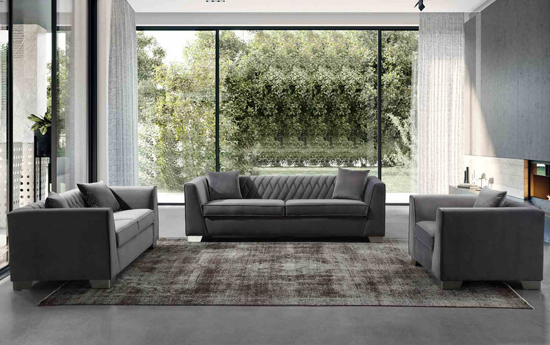 Cambridge Contemporary Loveseat in Brushed Stainless Steel and Dark Gray Velvet - Furniture City (CA)l