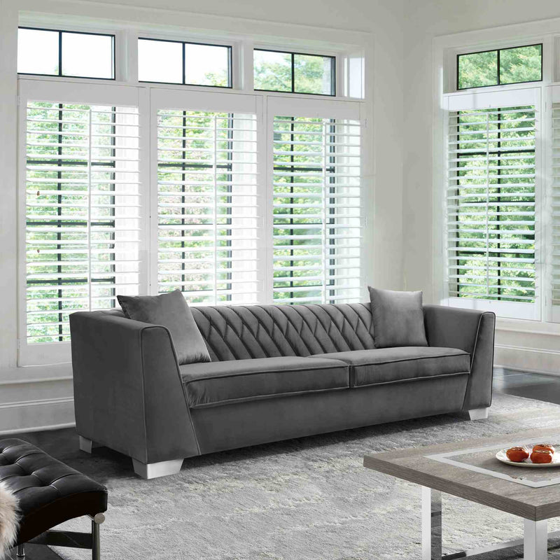 Cambridge Contemporary Sofa in Brushed Stainless Steel and Dark Gray Velvet - Furniture City (CA)l