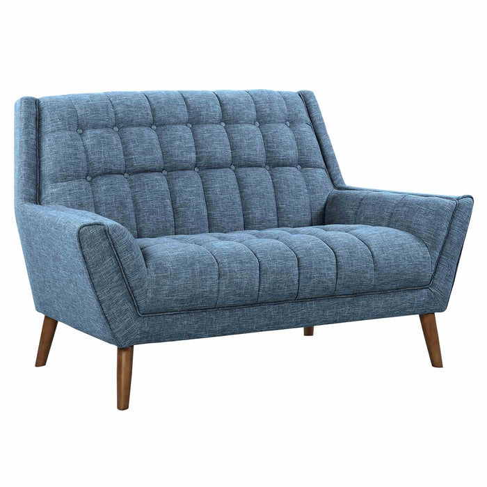 Cobra Mid-Century Modern Loveseat in Blue Linen and Walnut Legs